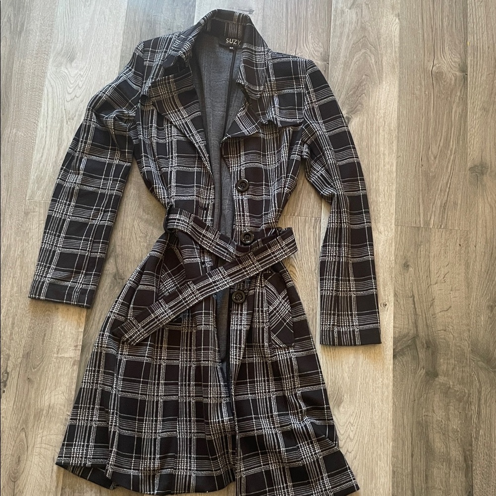 Suzy Shier Black and White Plaid Trench Coat